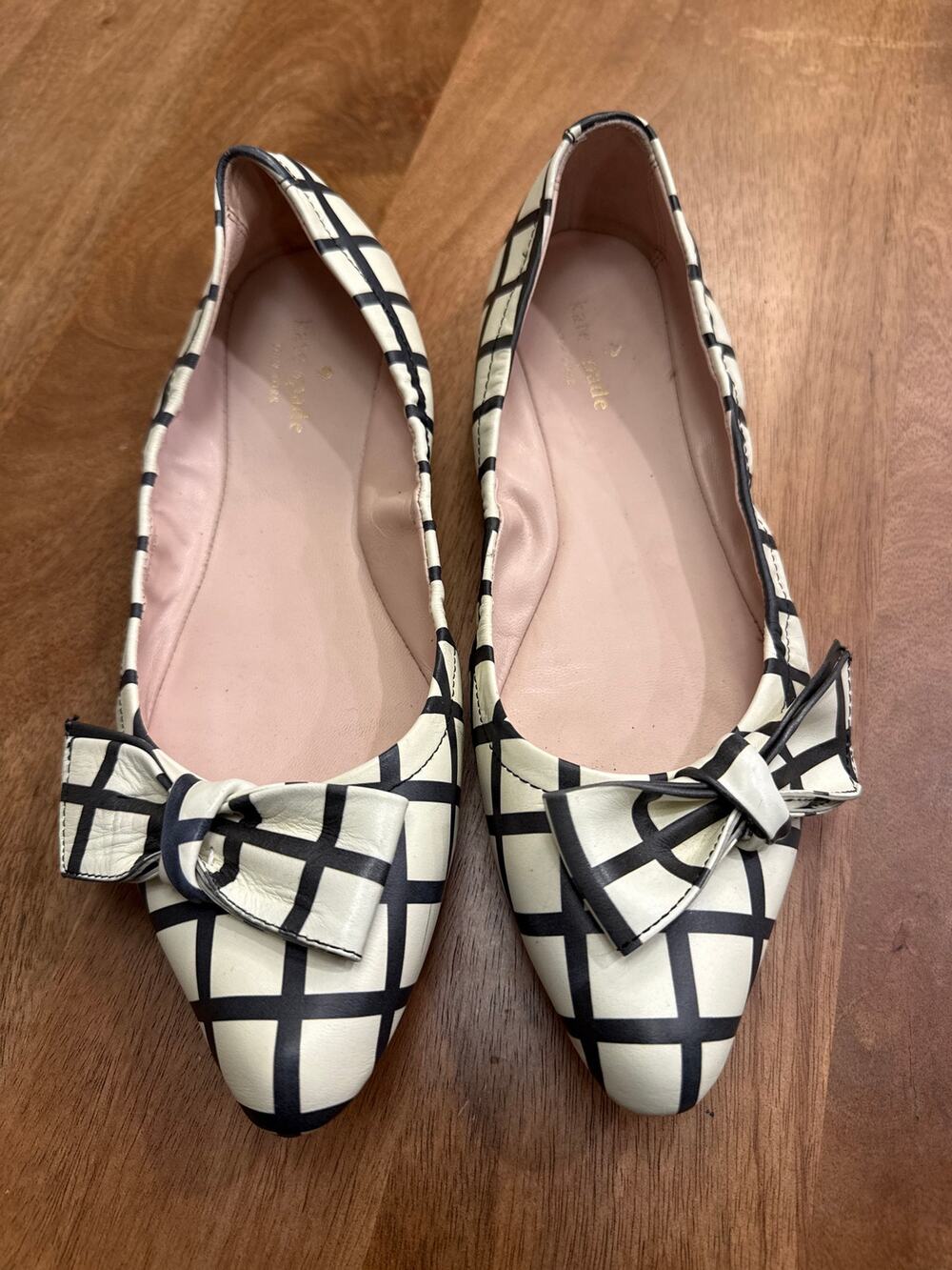 Kate Spade Suki Bow Pointed Toe Flats — Black & White Windowpane Plaid, Size 9.5